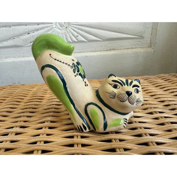 Vintage MCM Tonala Mexican Art Pottery Stretching Cat Kitty Hand Painted Floral - Picture 12 of 12